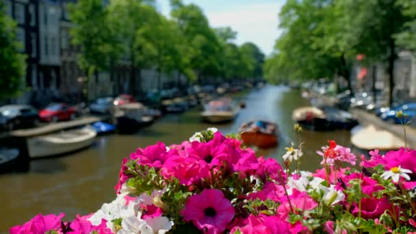 Amsterdams Kanaal Met Passerende Boten Bloemen Brug Focus Bloemen Amsterdam — Stockvideo