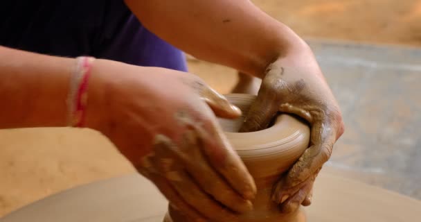 Skilled Wet Hands Potter Shaping Clay Potter Wheel Sculpting Vase — Stock Video
