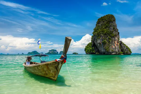 Lange Staart Boot Tropisch Strand Pranang Beach Rock Krabi Thailand — Stockfoto