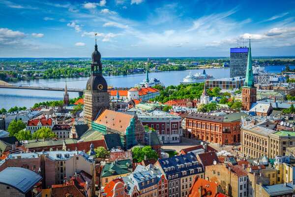 Aerial view of Riga center from St. Peters Church, Riga, Latvia