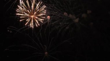 Arka planda gerçek havai fişekler. Gece gökyüzünde parlayan renkli havai fişeklerin soyutlanması. Havai fişek kutlaması