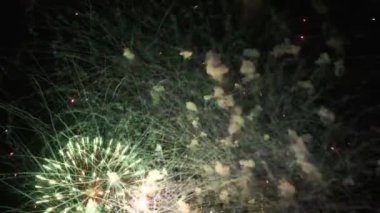 Arka planda gerçek havai fişekler. Gece gökyüzünde parlayan renkli havai fişeklerin soyutlanması. Havai fişek kutlaması