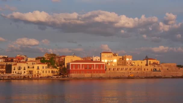 Resimli Eski Chania Limanı Girit Adasının Şafak Vakti Turistik Beldelerinden — Stok video
