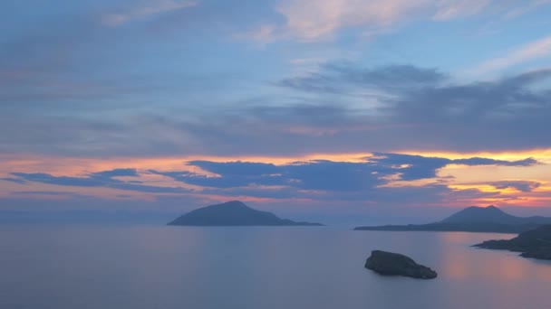 Закат Над Островом Эгейском Море Вид Мыса Сунион Кастрюлей Фотоаппарата — стоковое видео