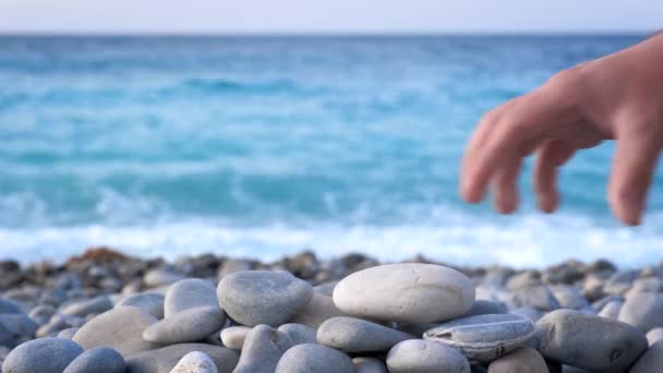 Zen Meditation Background Building Balanced Stones Stack Cairn Close Sea — Stock Video