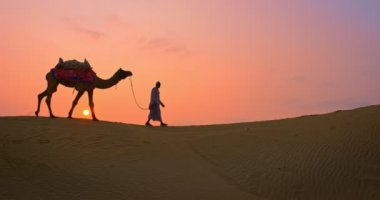 Gün batımında Thar Çölü 'nün kum tepelerindeki deve siluetleriyle Hintli kambur (deve sürücüsü). Rajasthan 'daki karavan turizm arka planında safari macerası. Jaisalmer, Rajasthan, Hindistan