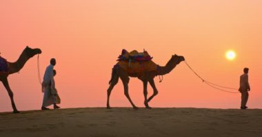 Gün batımında Thar Çölü 'nün kum tepelerindeki deve siluetleriyle Hintli kambur (deve sürücüsü). Rajasthan 'daki karavan turizm arka planında safari macerası. Jaisalmer, Rajasthan, Hindistan