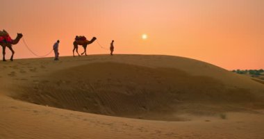 Gün batımında Thar Çölü 'nün kum tepelerindeki deve siluetleriyle iki Kızılderili kambur (deve sürücüsü). Rajasthan 'daki karavan turizm arka planında safari macerası. Jaisalmer, Rajasthan, Hindistan