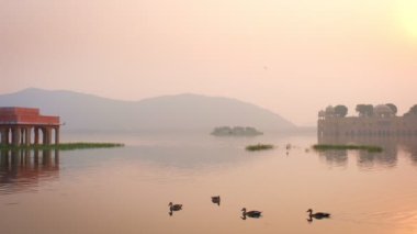 Jaipur 'da gün doğumunda ünlü Hint turist tarihi Jal Mahal (Su Sarayı). Etraftaki ördekler ve kuşlar dingin sabahın tadını çıkarıyorlar. Jaipur, Rajasthan, Hindistan. Yatay tava