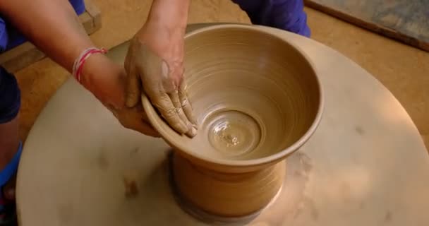 陶芸家ホイール上の粘土を形成する陶芸家の熟練したぬれた手 ポット 花瓶投げ 伝統工芸品インドのボウル ポット ジャグを製造しています Shilpagram Udaipur Rajasthan インド — ストック動画