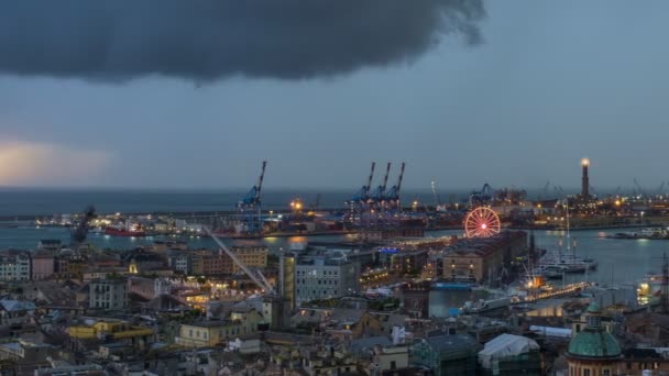 Abendblick Auf Den Hafen Von Genua Genua Italien Mit Hafenkränen — Stockvideo