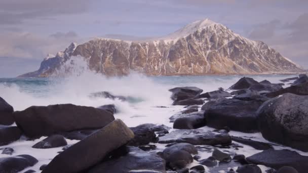 Felsige Küste Des Fjords Der Norwegischen See Winter Skagsanden Beach — Stockvideo