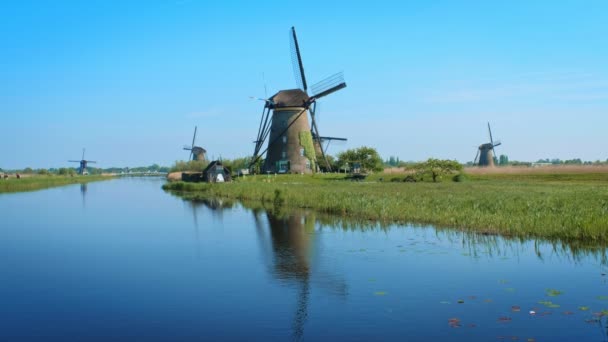 Nederländerna Landsbygd Landskap Med Väderkvarnar Berömda Turist Plats Kinderdijk Holland — Stockvideo