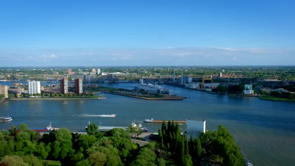 Blick Auf Rotterdam Stadt Mit Rotterdam Ehemaliges Ozeanschiff Und Kreuzfahrtschiff — Stockvideo