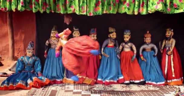 Títeres Tradicionales Rajasthani Kathputli Títeres Muestran Teatro Marionetas Cuerda Nativo — Vídeo de stock