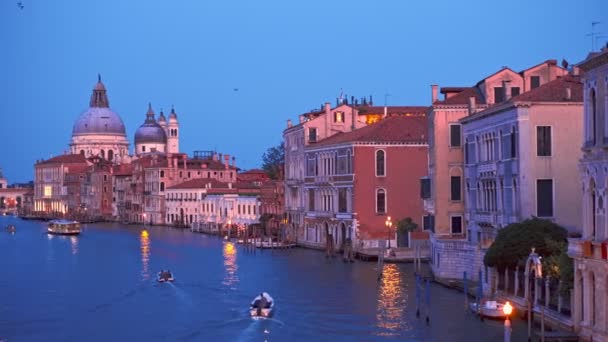 ボートとサンタ マリア デッラ サルート教会の夜のヴェネツィア大運河の景色は ポンテ アカデミア橋から ヴェネツィア イタリア 横カメラ — ストック動画