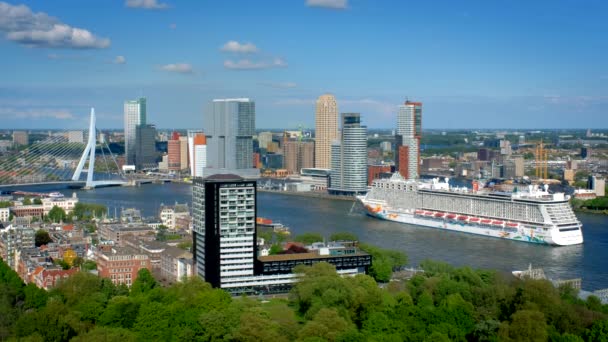 ロッテルダム オランダ 2017 ロッテルダム ビュー市とユーロマストからクルーズ客船と Nieuwe Maas 川に架かるエラスムス橋 Erasmusbrug — ストック動画