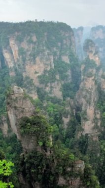 Çin 'in ünlü turistik merkezi - Zhangjiajie taş sütunları Wulingyuan, Hunan, Çin' deki sis bulutlarında uçurum tepeleri. Kamera tavası