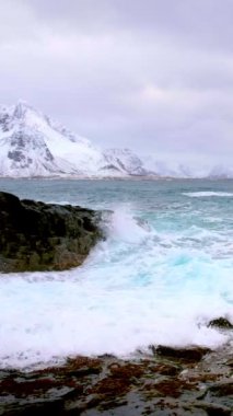 Dalgalar Norveç Denizi kayalık kıyısında fiyort kırma. Vikten, Lofoten Adaları, Norveç