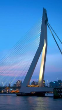 Geceleri aydınlatılan Erasmus Köprüsü köprü ve Rotterdam manzarası. Rotterdam, Hollanda