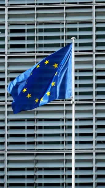 ブリュッセルの欧州委員会の本部であるBerlaymontビルの前のヨーロッパのEu旗 — ストック動画