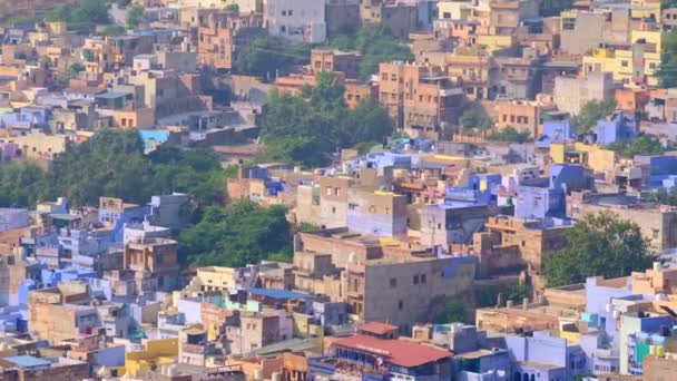 Jodhpur蓝城航空视图 来自印度拉贾斯坦邦Mehrangarh Fort的蓝色油漆房屋和鸟儿在早上在婆罗门房屋上方飞翔 相机变焦了 — 图库视频影像