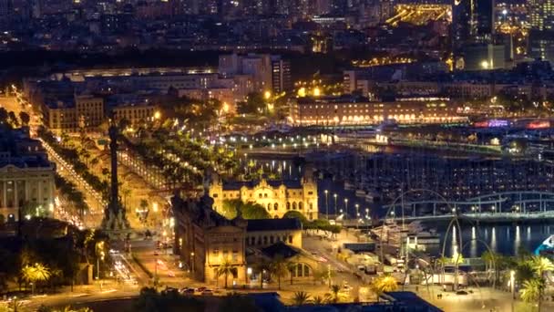 Barcelona Spanien April 2019 Flygtimelapse Barcelonas Stadssiluett Med Stadstrafik Och — Stockvideo