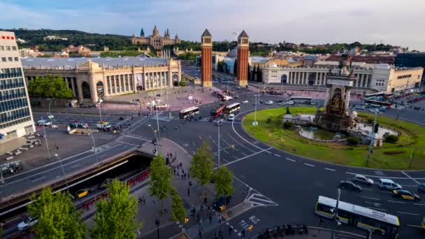 Barcelona Ισπανια Απριλιου 2019 Aerial Timelapse Placa Espanya Plaza Espana — Αρχείο Βίντεο