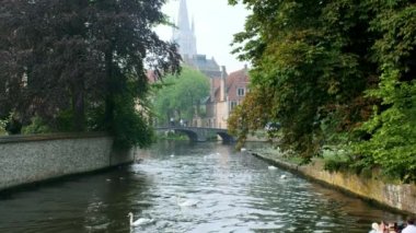 Bruges, Belçika - 29 Mayıs 2018: Bruges kanalı, arka planda Meryem Ana Kilisesi ve turist teknesinin geçtiği yaşlı ağaçların arasında su üzerinde beyaz kuğular. Brugge, Belçika