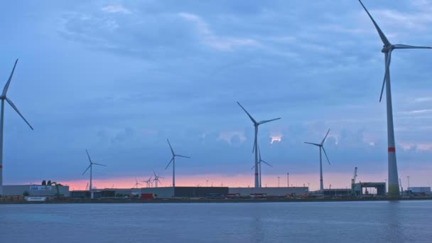 Anversa Belgio Maggio 2018 Sera Turbine Eoliche Generano Elettricità Nel — Video Stock