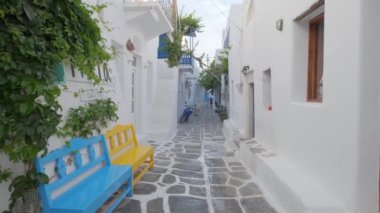 NAOUSA, GREECE - 27 Mayıs 2019: Yunanistan 'ın Paros Adası' nın ünlü turistik beldesi Paros 'ta, Naousa kasabasının çiçek açan begonvil çiçekli, badanalı evleri ile pitoresk caddede sabit bir kamerayla yürümek