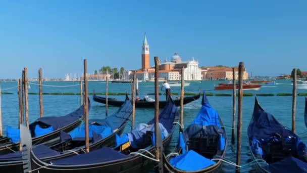 Venice Italië Juni 2018 Aangemeerde Gondels Gondel Lagune Van Venetië — Stockvideo