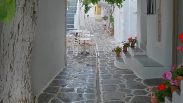 Naousa Grécia Maio 2019 Caminhando Com Steadycam Pitoresca Rua Estreita — Vídeo de Stock