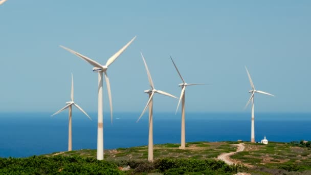 Κρήτη Ελλάδα Μαΐου 2019 Έννοια Πράσινης Ανανεώσιμης Εναλλακτικής Ενέργειας Ανεμογεννήτριες — Αρχείο Βίντεο