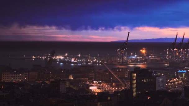 イタリア ジェノヴァ 2019年4月26日 イタリアのジェノヴァ港 ジェノヴァ の夜景 雷雨の港湾クレーンと工業地帯 カメラパン — ストック動画