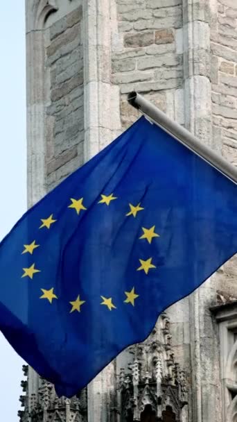 Avrupa Birliği Bayrağı Rüzgarda Dalgalanan Eski Binada — Stok video
