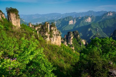 Çin - Zhangjiajie taş ünlü turistik uçurum dağlar Wulingyuan, Hunan, Çin günbatımında tarih sütun