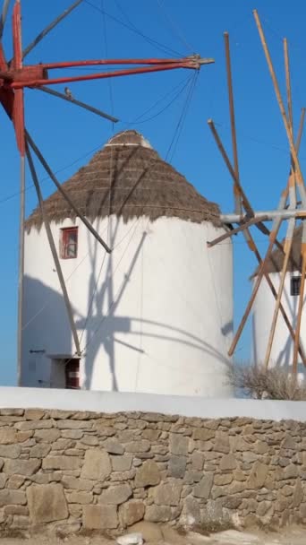 著名的Mykonos镇风车的风景 在希腊的Cyclades 传统的希腊风车在日出时分在Mykonos岛上 背景是游轮 步履维艰 — 图库视频影像