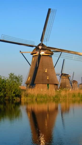Ανεμόμυλοι Στη Διάσημη Τουριστική Περιοχή Kinderdijk Στην Ολλανδία Ηλιοβασίλεμα Kinderdijk — Αρχείο Βίντεο