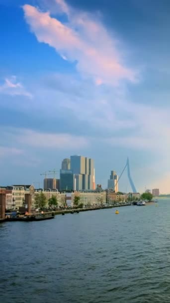 View Rotterdam Cityscape Erasmus Bridge Nieuwe Maas River Ships Boats — Stock Video