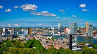 Rotterdam şehir ve köprü Erasmus köprüden Euromast Nieuwe Maas nehri Panoraması