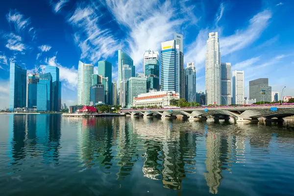 Panoramę Singapuru Biznesowej Dzielnicy Drapaczy Chmur Marina Bay Ciągu Dnia Obrazy Stockowe bez tantiem