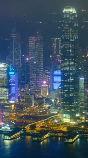 Cronometragem Aérea Arranha Céus Iluminados Centro Cidade Hong Kong Sobre — Vídeo de Stock