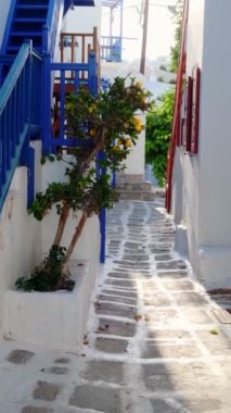 Yunanistan 'ın ünlü Mykonos adasında, Mykonos şehrinin mavi pencereli geleneksel beyaz boyalı evleri ve resimli manzaralı dar caddelerde sabit kameralı bir şekilde yürümek