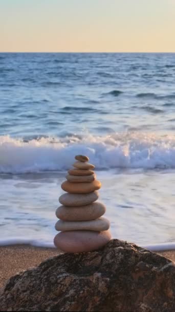 Concept Balance Harmony Stack Stones Pebbles Cairn Beach Coast Sea — Stock Video