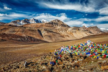Manali-Leh yolu üzerindeki Baralacha La geçidinde Budist dua bayrakları (lungta). Baralacha La Pass, Himachal Pradesh, Hindistan