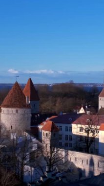Gündüz Tallinn Ortaçağ Eski Kasabası 'nın havadan görünüşü, yatay tavalı Estonya