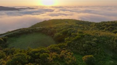 Manzaralı orman ve tepelerin üzerinde bulutların üzerinde uçan insansız hava aracı görüntüleri. Madeira Adası, Portekiz. Dolly yaklaşma hareketini başlat