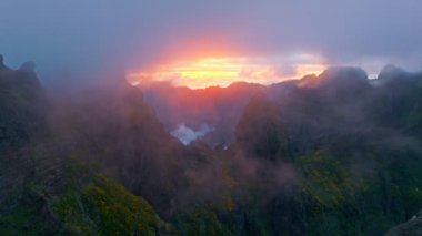 Gün batımındaki dağlar sis ve bulutlarla kaplı, çiçek açan Cytisus çalılarıyla. Pico de Arieiro yakınlarında, Madeira adası, Portekiz. Dolly hareketine yaklaş.