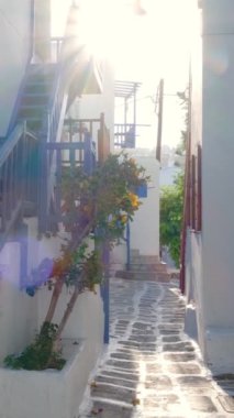 Yunanistan 'ın ünlü Mykonos adasında, Mykonos şehrinin mavi pencereli geleneksel beyaz boyalı evleri ve resimli manzaralı dar caddelerde sabit kameralı bir şekilde yürümek